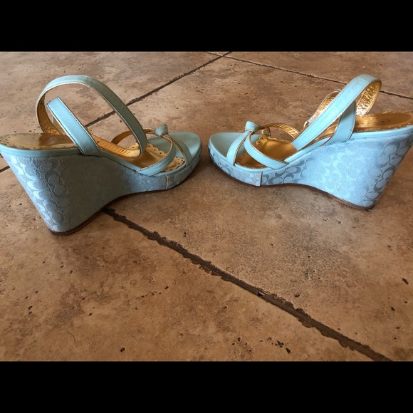 Tiffany Blue and Gold Coach Ankle Wrap Wedge Heels - Picture 3 of 5